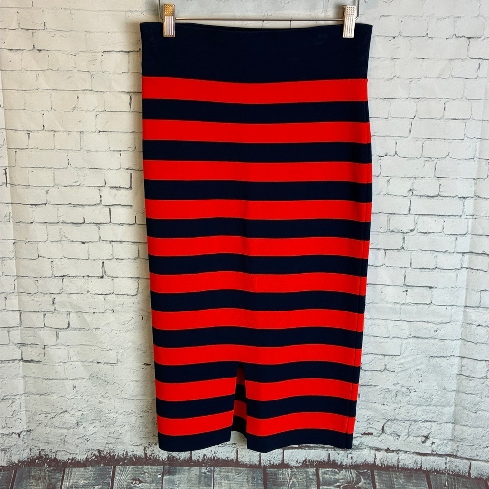 Veronica Beard Baker Skirt M Red Multi Stripe Knit Knee Length Elastic Waist